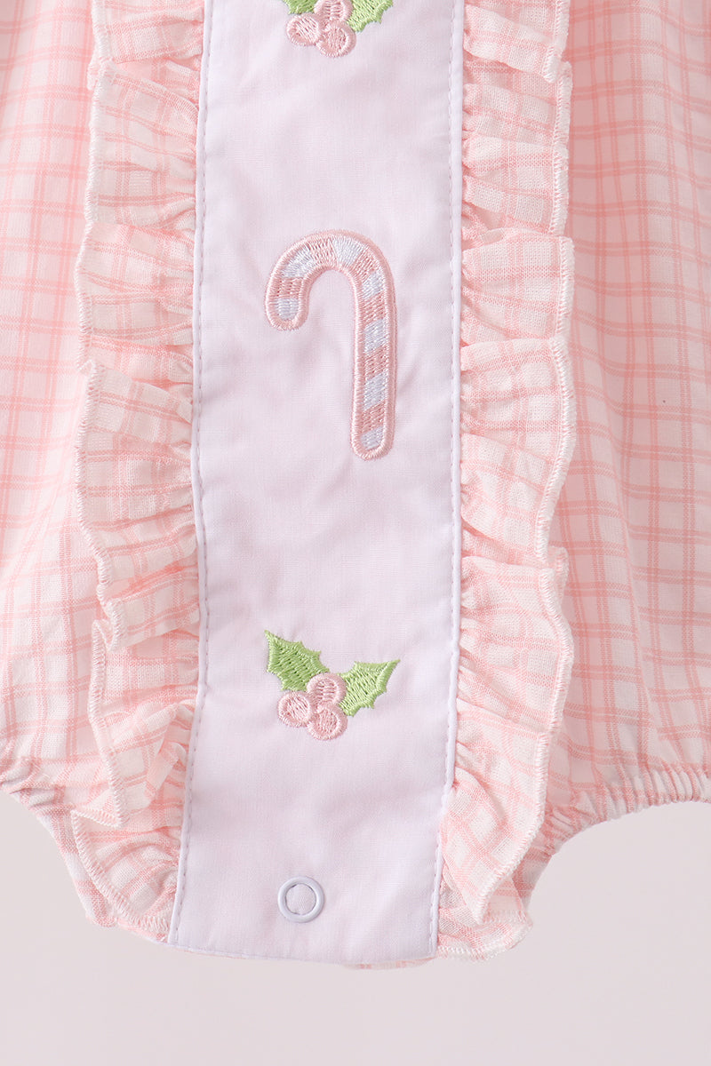 Pink Candy Cane Holly Embroidery Plaid Bubble
