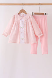 Pink Candy Cane Holly Embroidery Plaid Pants Set