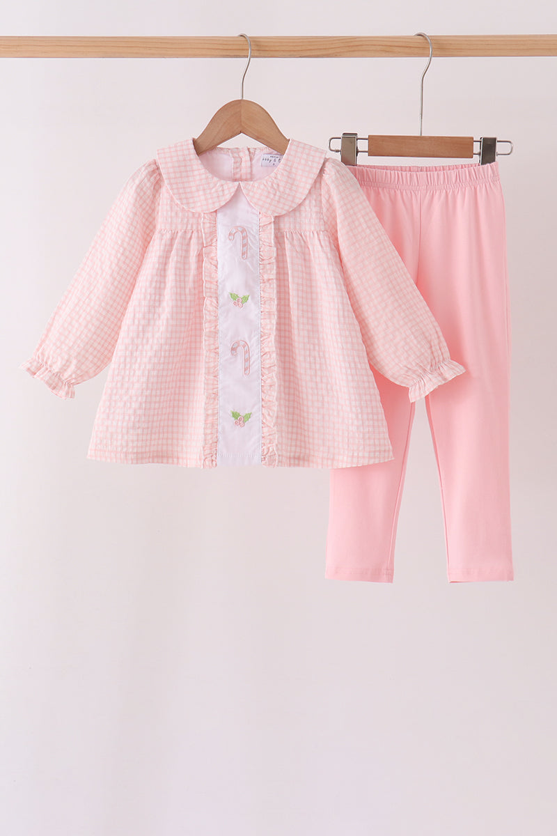 Pink Candy Cane Holly Embroidery Plaid Pants Set
