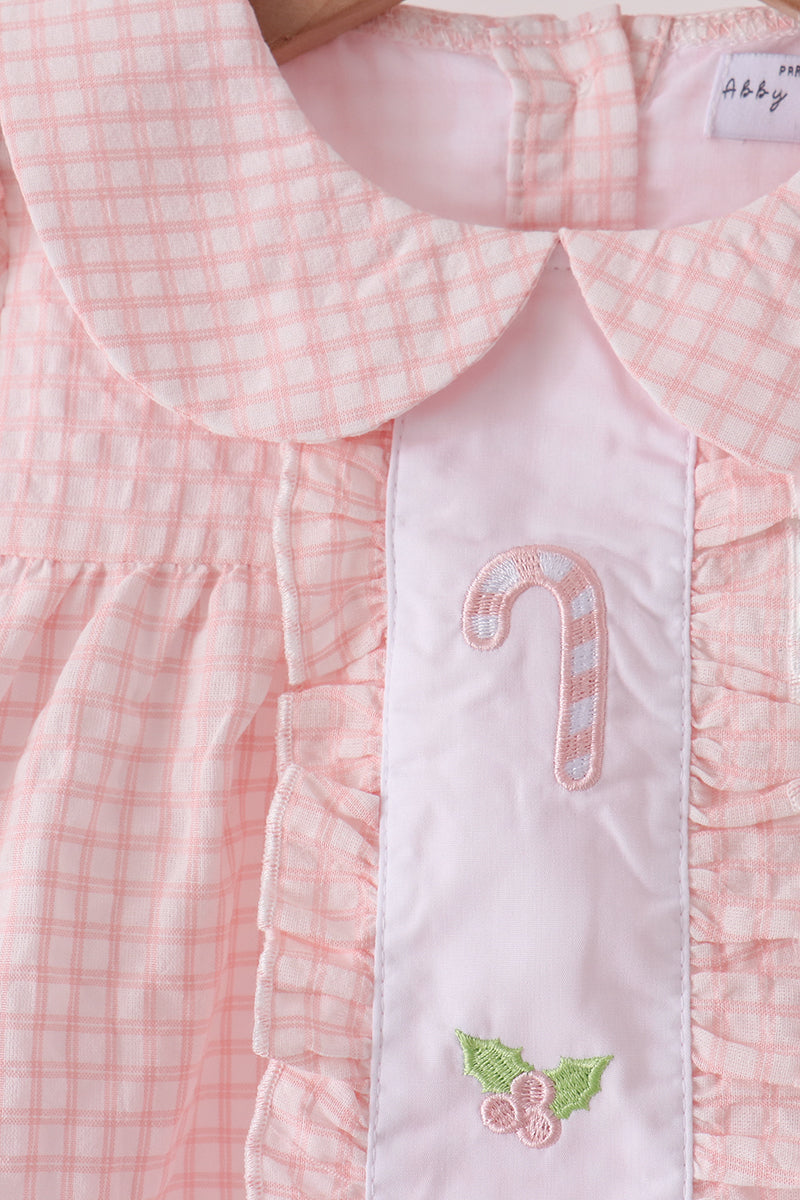 Pink Candy Cane Holly Embroidery Plaid Pants Set