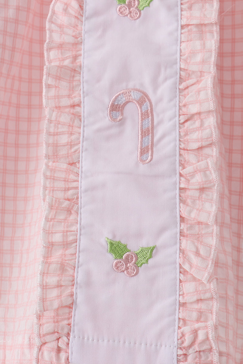 Pink Candy Cane Holly Embroidery Plaid Pants Set