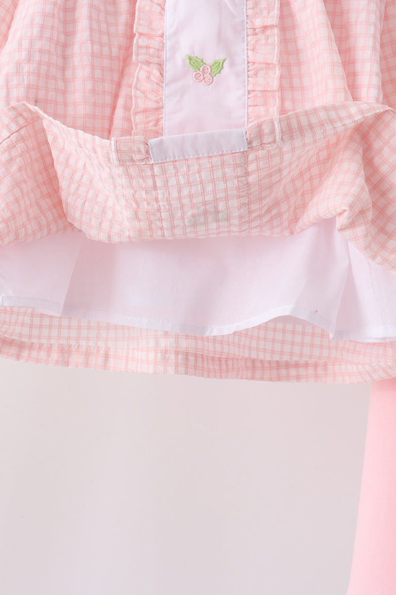 Pink Candy Cane Holly Embroidery Plaid Pants Set