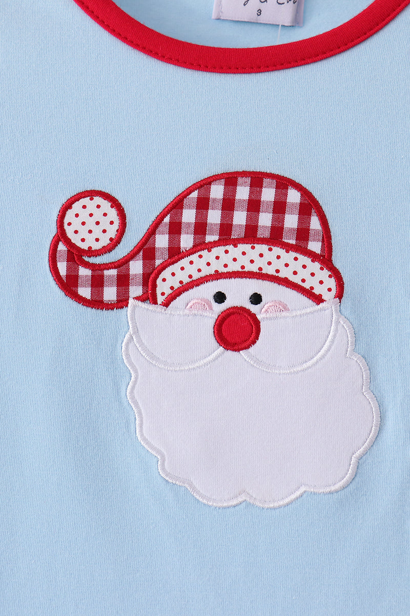 Blue Santa Claus Embroidery Ruffle Gingham Pants Set