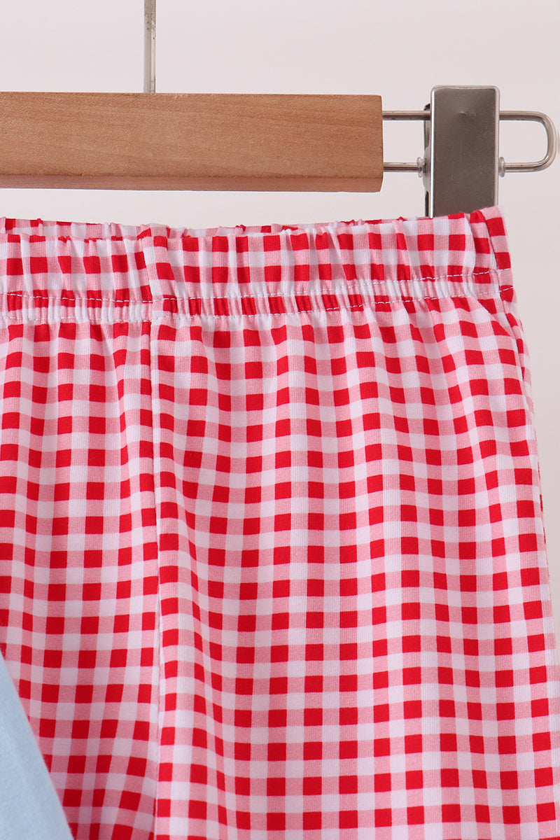 Blue Santa Claus Embroidery Ruffle Gingham Pants Set
