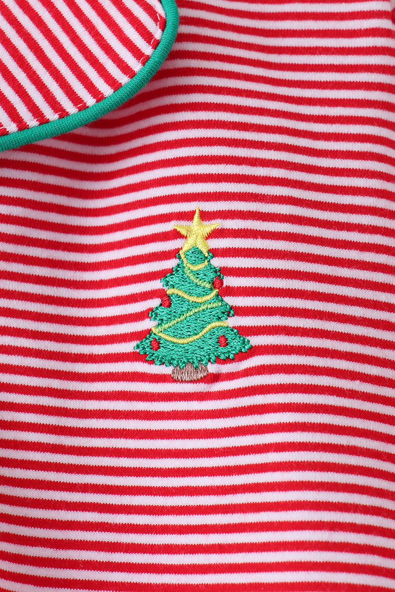 Red Stripe Christmas Tree Embroidery Pants Set