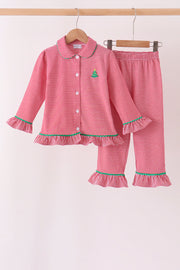 Red Stripe Christmas Tree Embroidery Ruffle Pants Set
