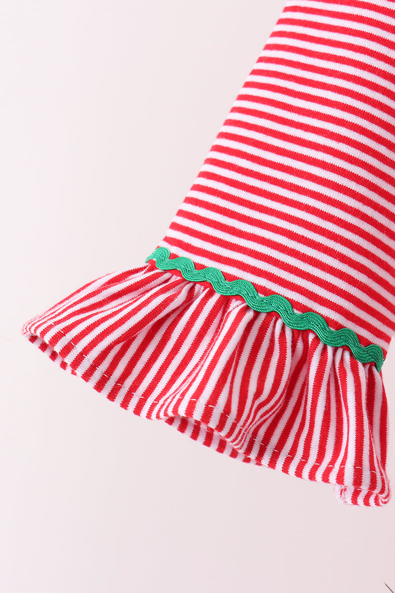 Red Stripe Christmas Tree Embroidery Ruffle Pants Set
