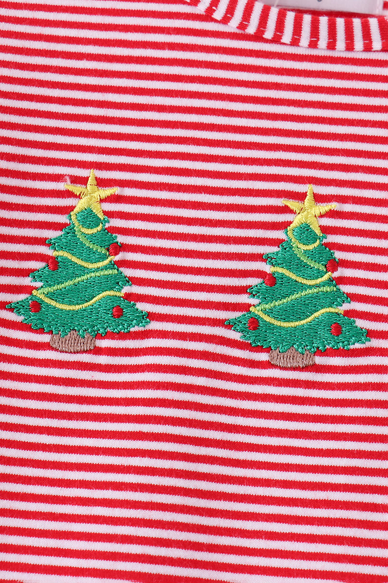 Red Stripe Christmas Tree Embroidery Ruffle Dress