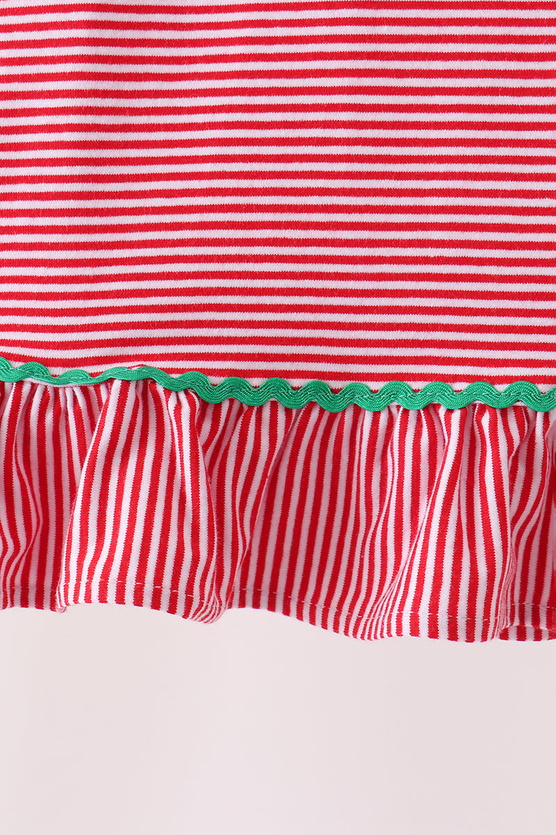 Red Stripe Christmas Tree Embroidery Ruffle Dress