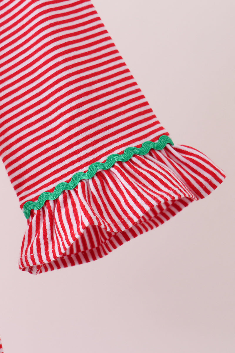 Red Stripe Christmas Tree Embroidery Ruffle Dress
