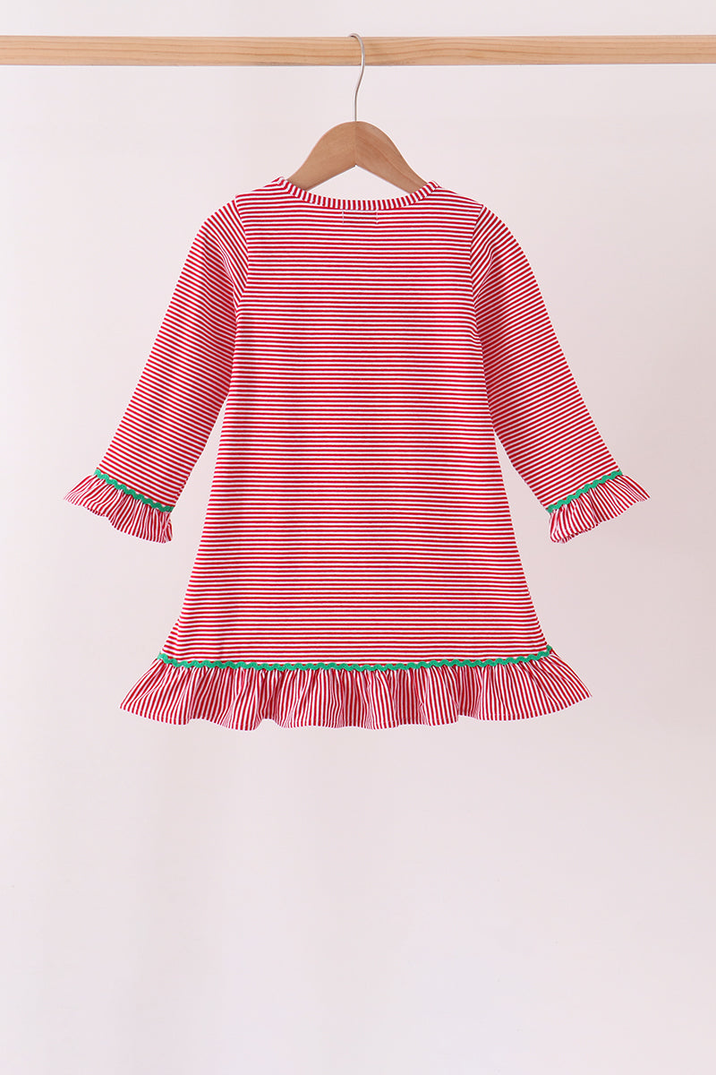 Red Stripe Christmas Tree Embroidery Ruffle Dress