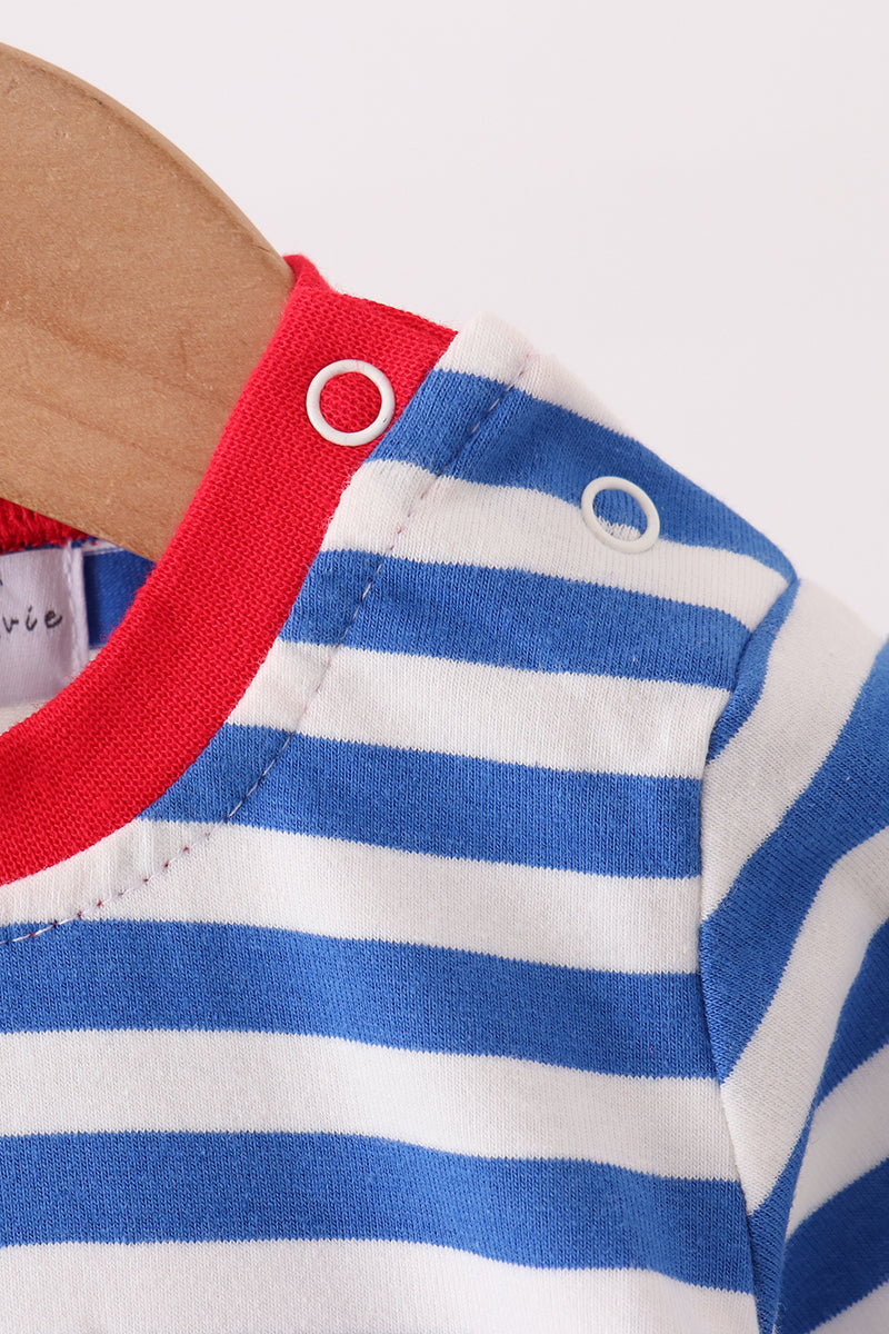 Blue Stripe Train Gingerbread Embroidery Romper