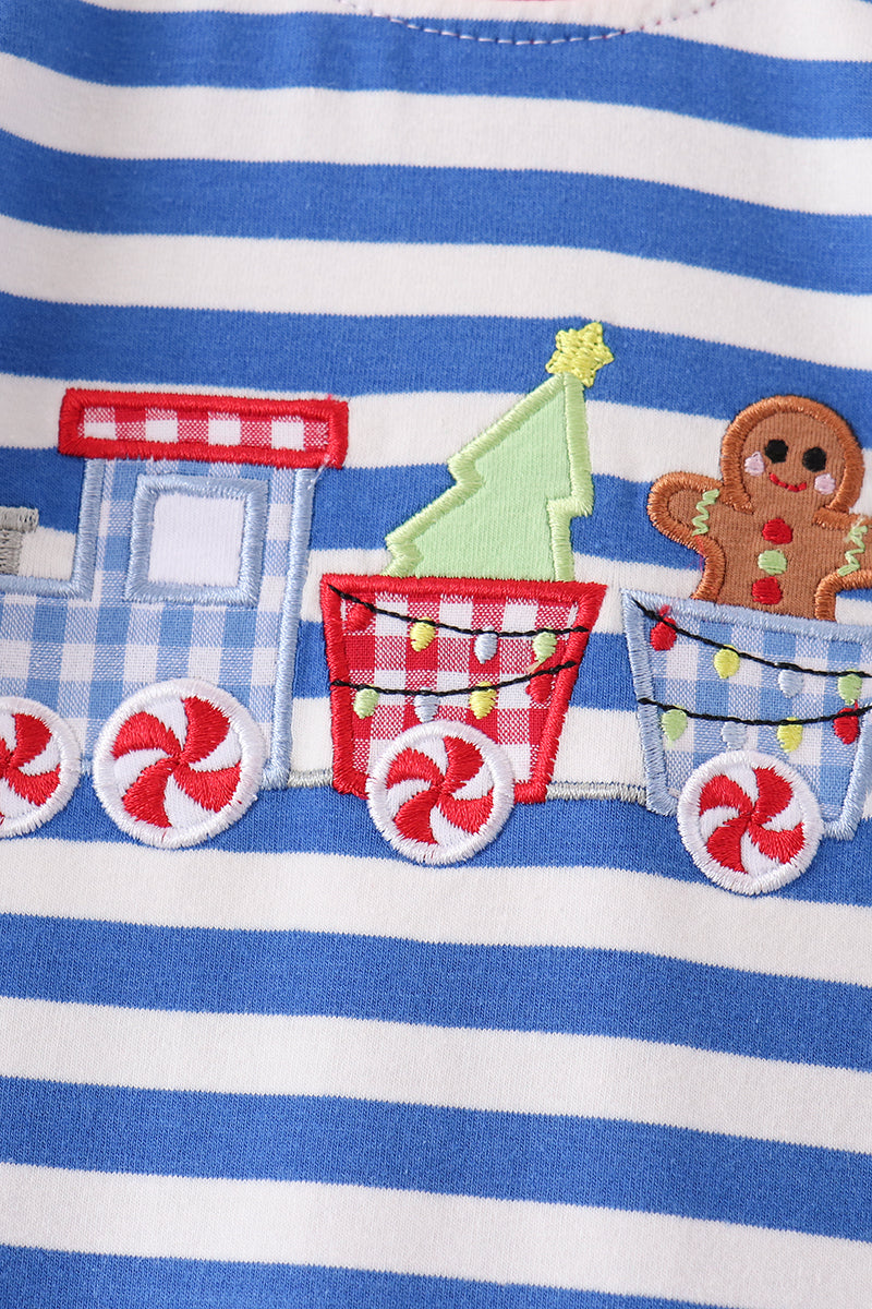 Blue Stripe Train Gingerbread Embroidery Romper
