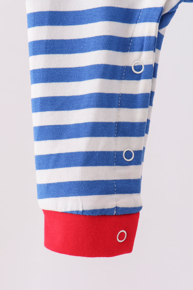 Blue Stripe Train Gingerbread Embroidery Romper