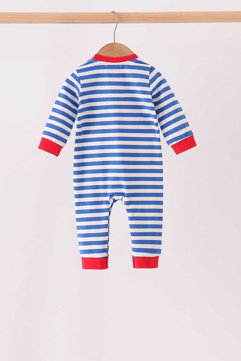 Blue Stripe Train Gingerbread Embroidery Romper