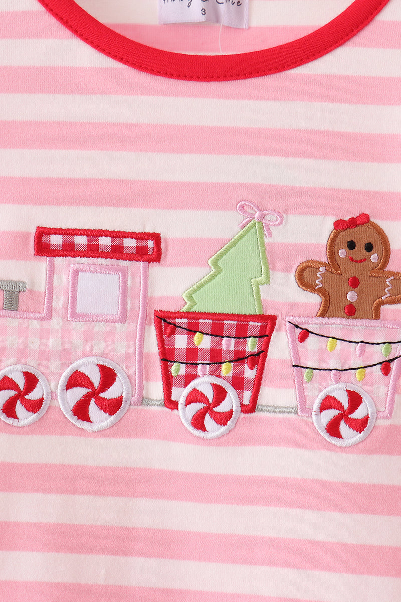 Pink Stripe Gingerbread Embroidery Ruffle Pants Set