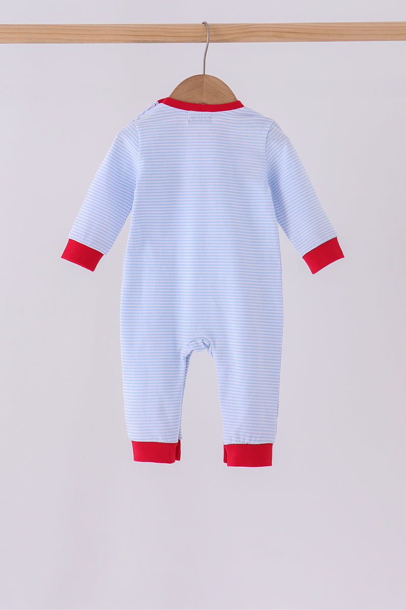 Blue Stripe Santa Claus Embroidery Romper