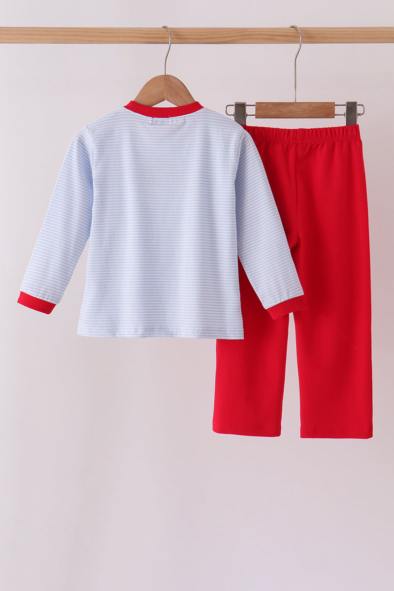 Blue Santa Claus Embroidery Stripe Pants Set