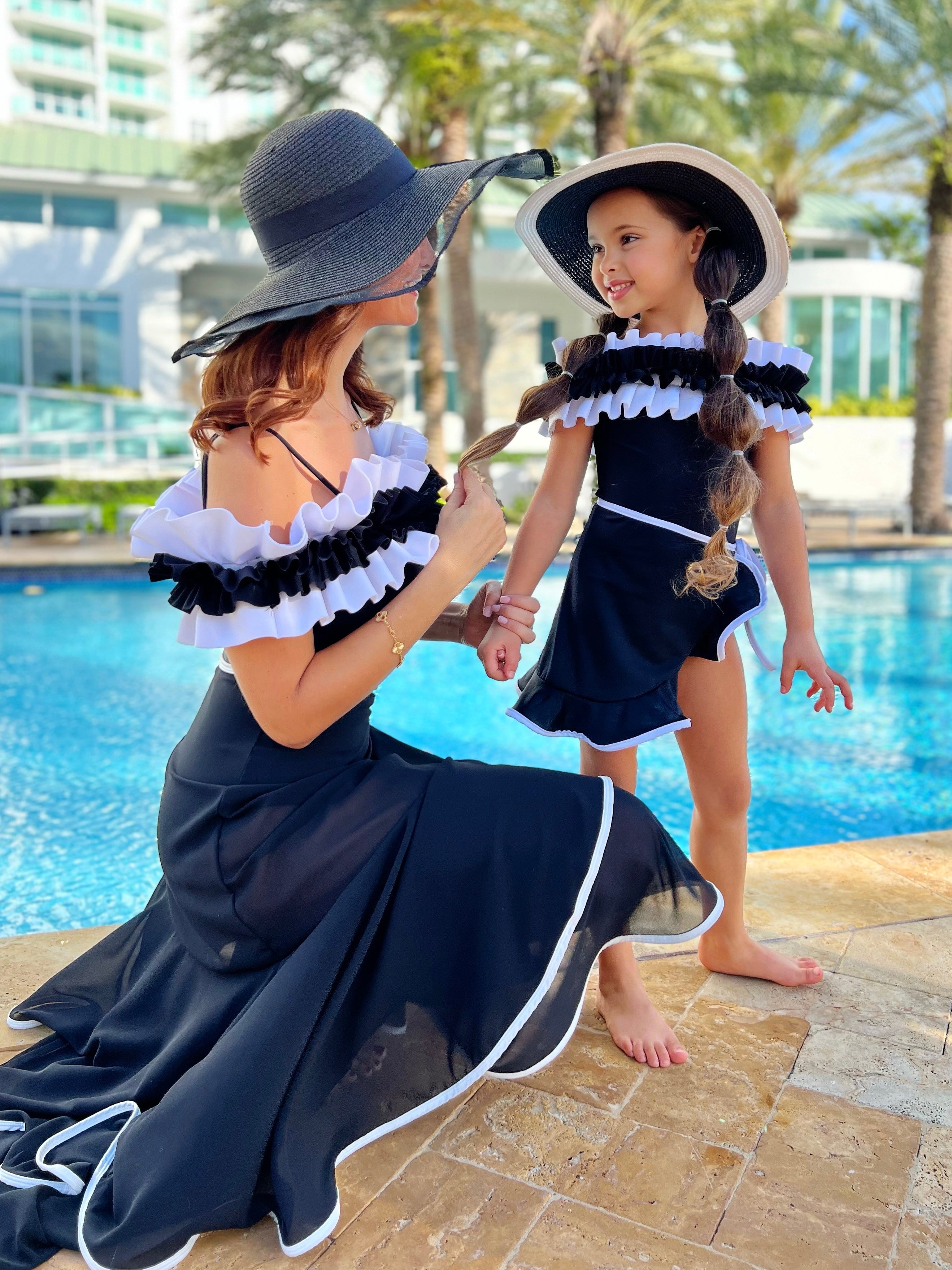 Mommy And Me Black Ruffle Shoulder One Piece Swimsuit