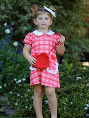 Valentine's Day Plaid Pocket Girls Short Sleeves Dress