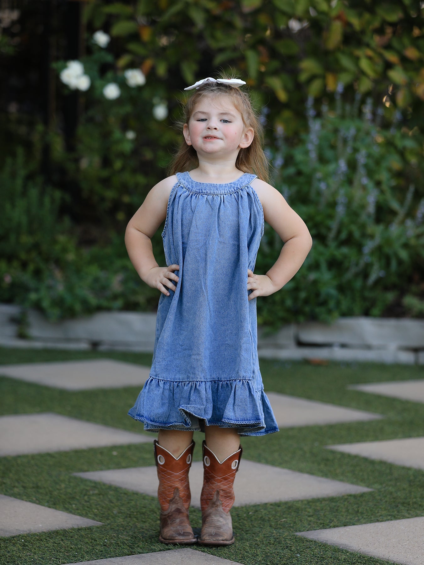 Girls Denim Ruffle Trim A-line Dress