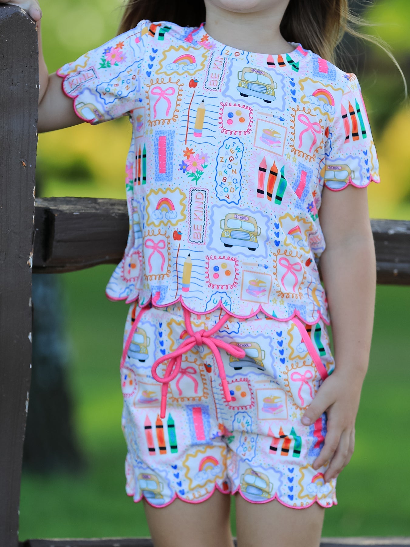 Preorder Back To School Print Girl Short Set Scallop Hem