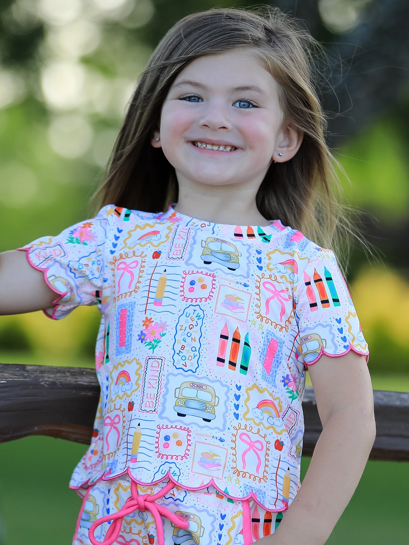 Preorder Back To School Print Girl Short Set Scallop Hem