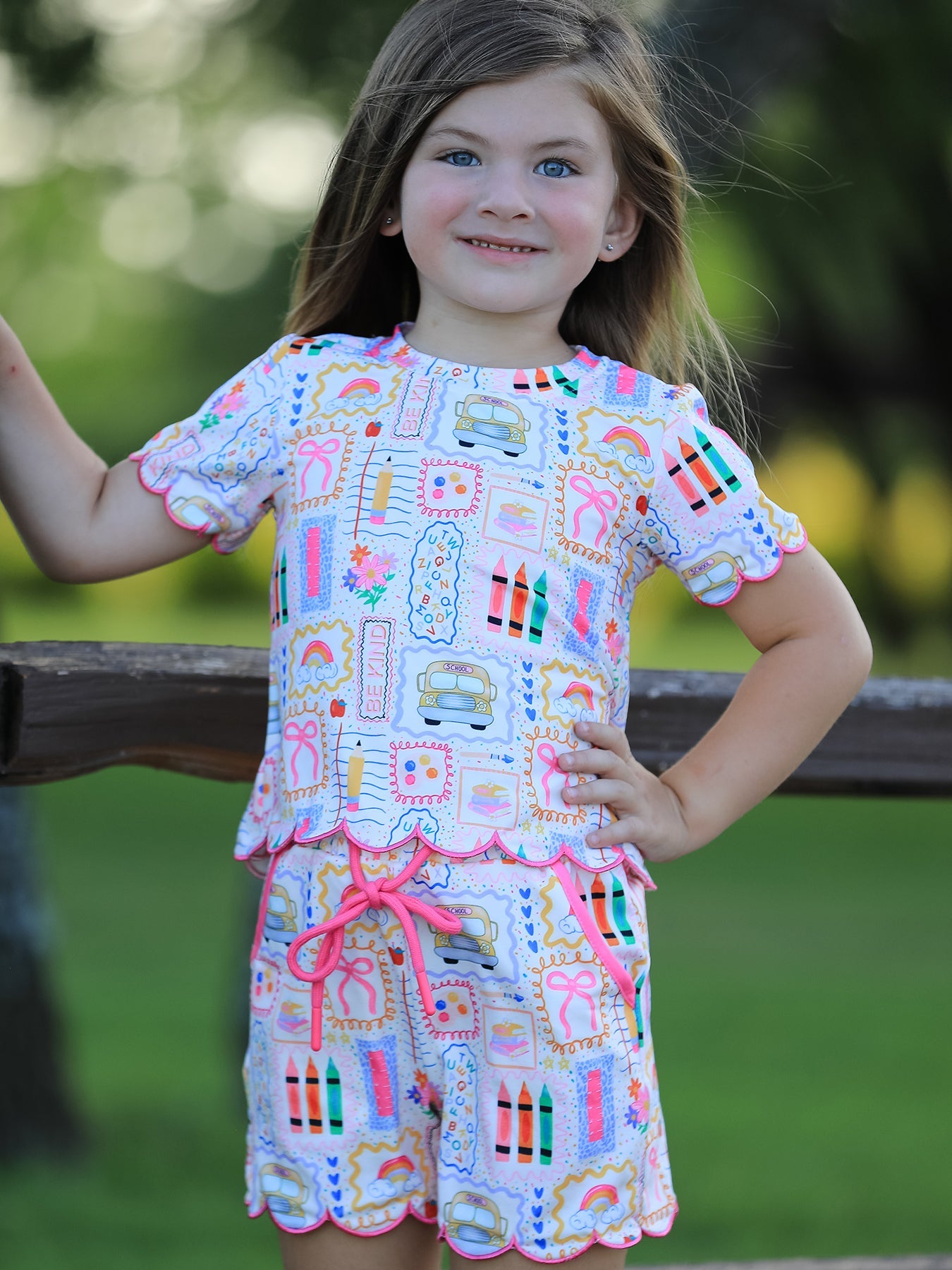 Preorder Back To School Print Girl Short Set Scallop Hem