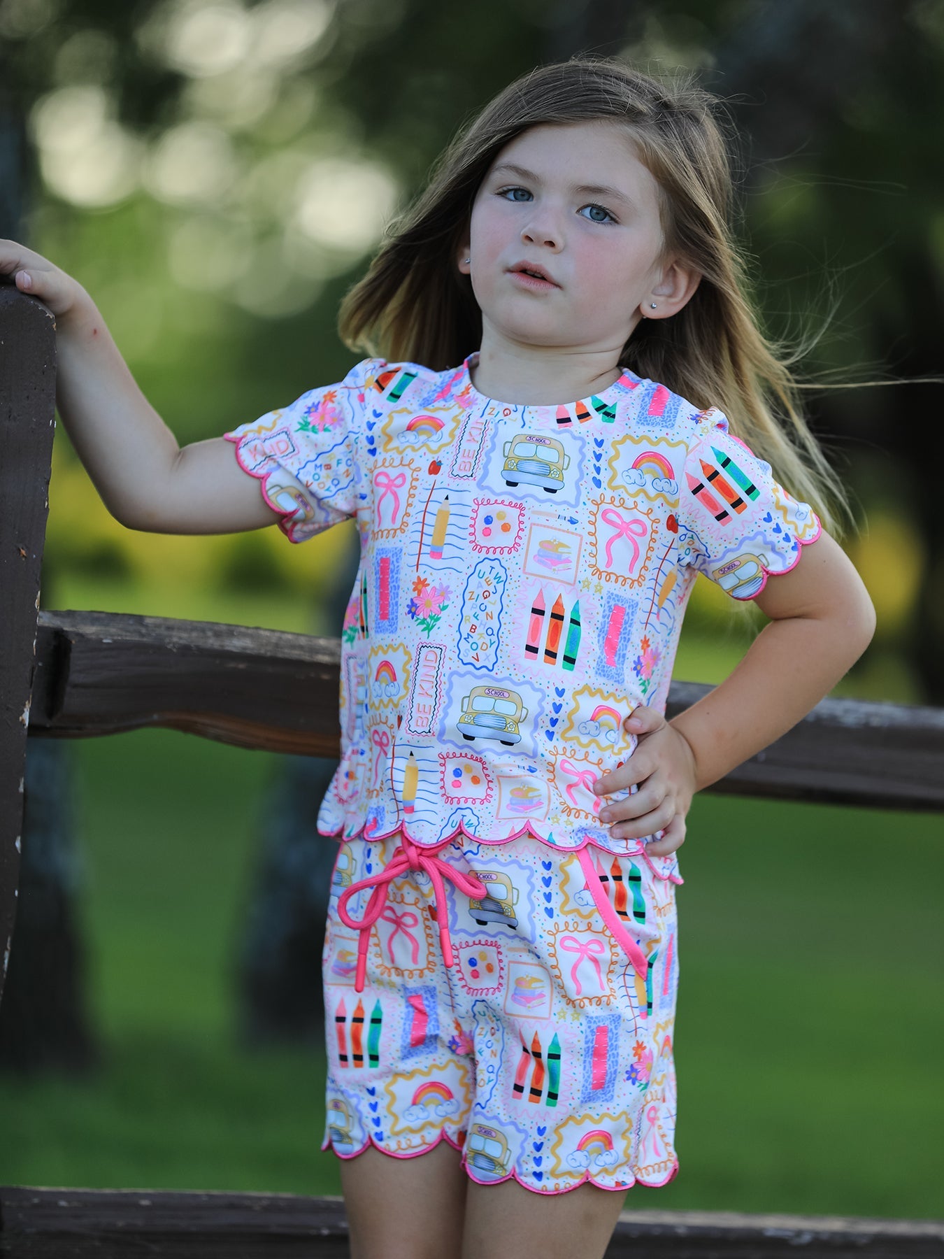 Preorder Back To School Print Girl Short Set Scallop Hem