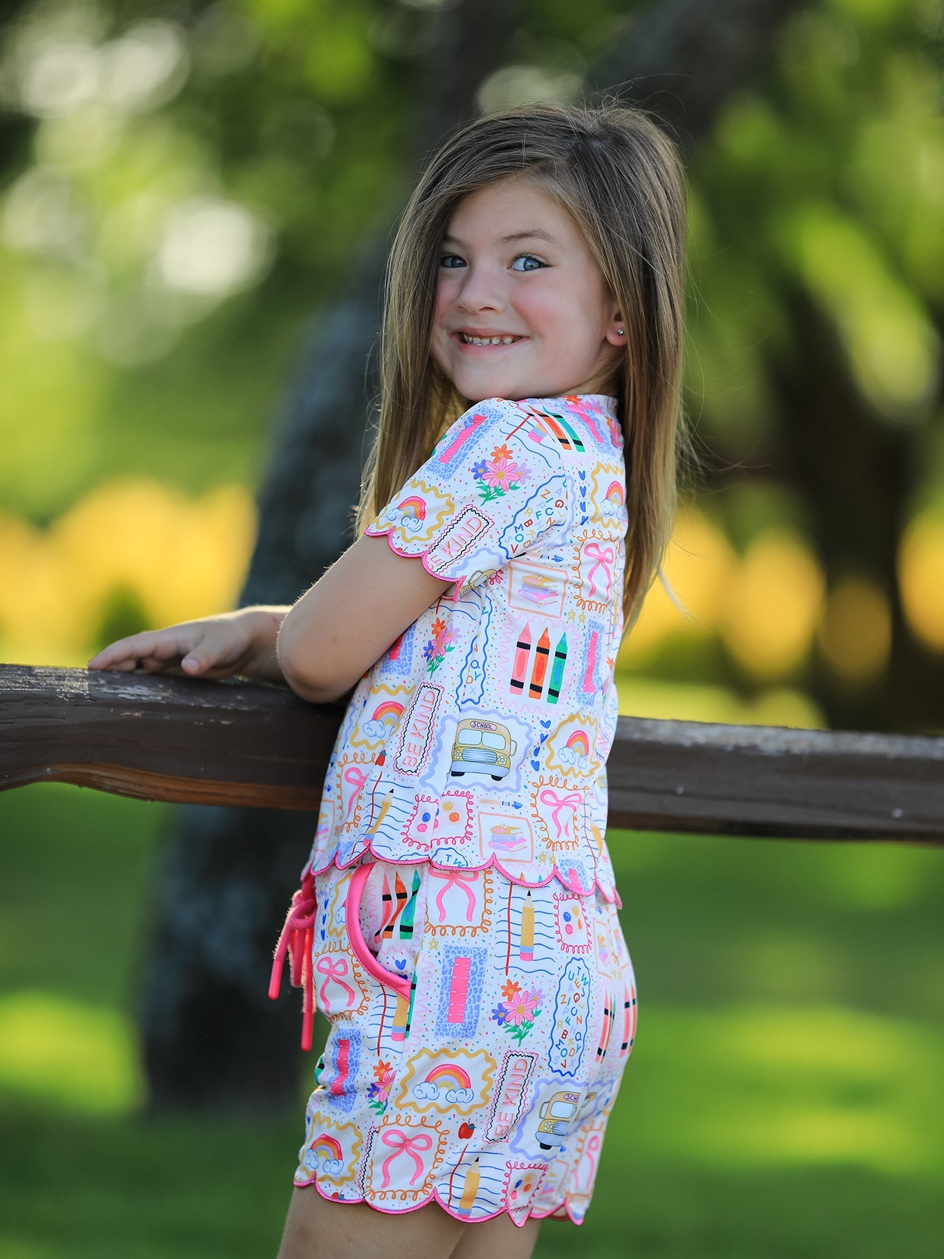Preorder Back To School Print Girl Short Set Scallop Hem