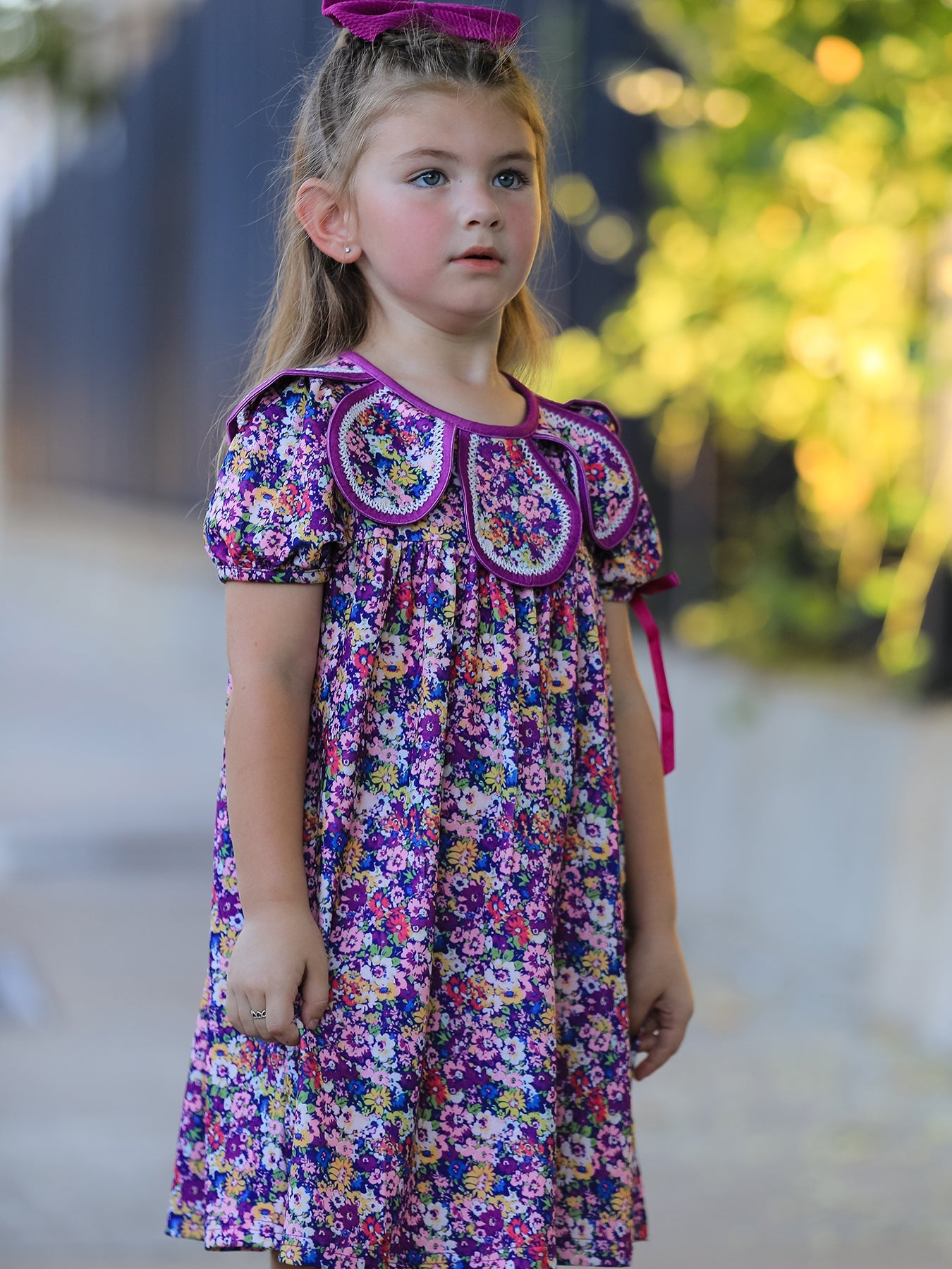Purple Floral Bow Petals Collar Girls Dress