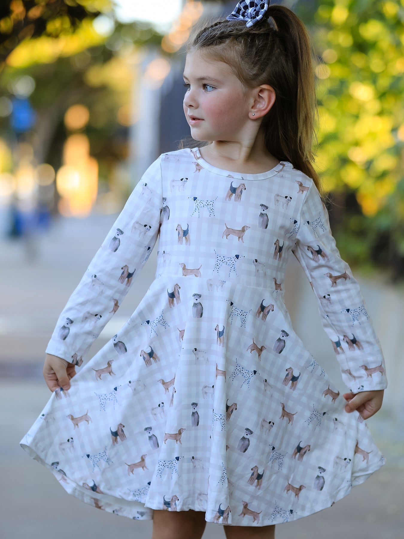 Fall Plaid Dog Print Girls Long Sleeve Twirl Dress