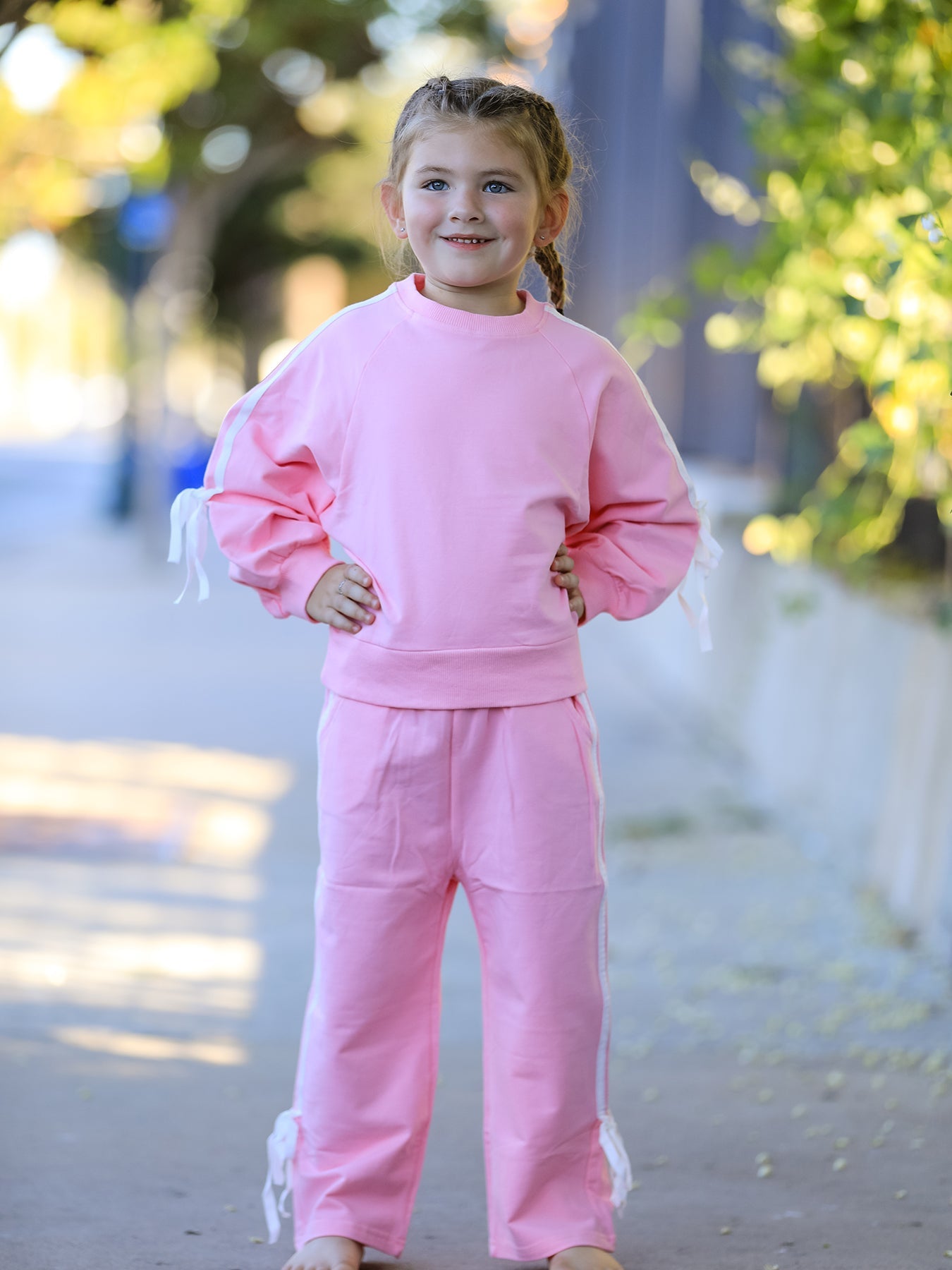 Girls Pink Bow Trim Sweatshirt And Pants Set
