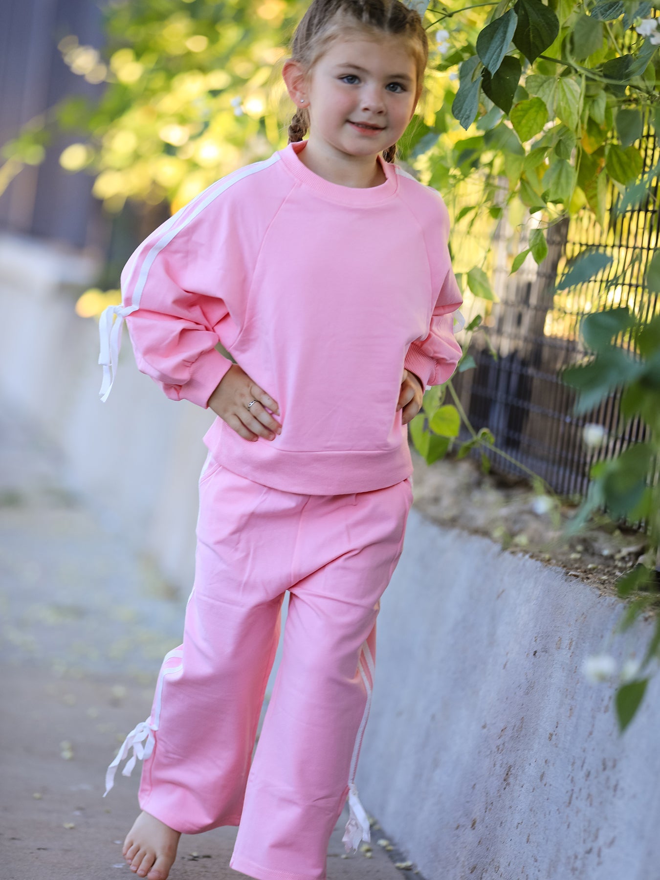 Girls Pink Bow Trim Sweatshirt And Pants Set
