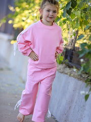 Girls Pink Bow Trim Sweatshirt And Pants Set