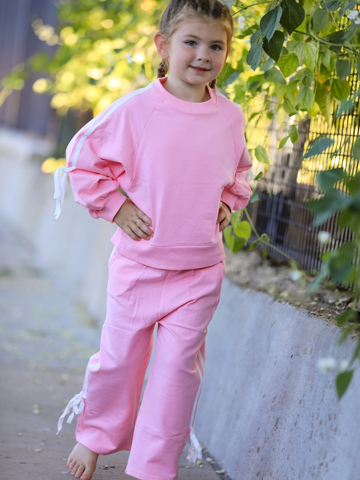 Girls Pink Bow Trim Sweatshirt And Pants Set