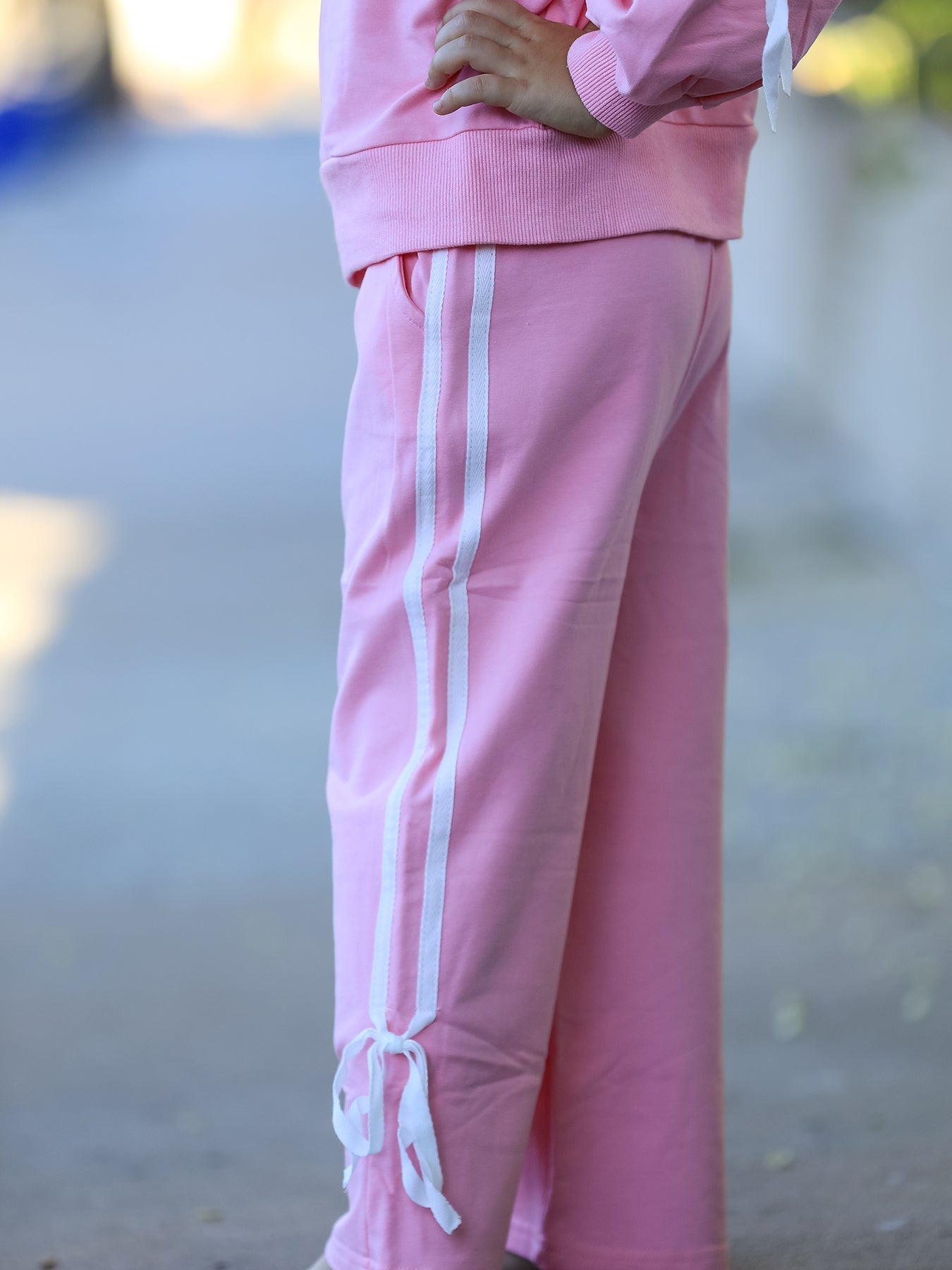 Girls Pink Bow Trim Sweatshirt And Pants Set