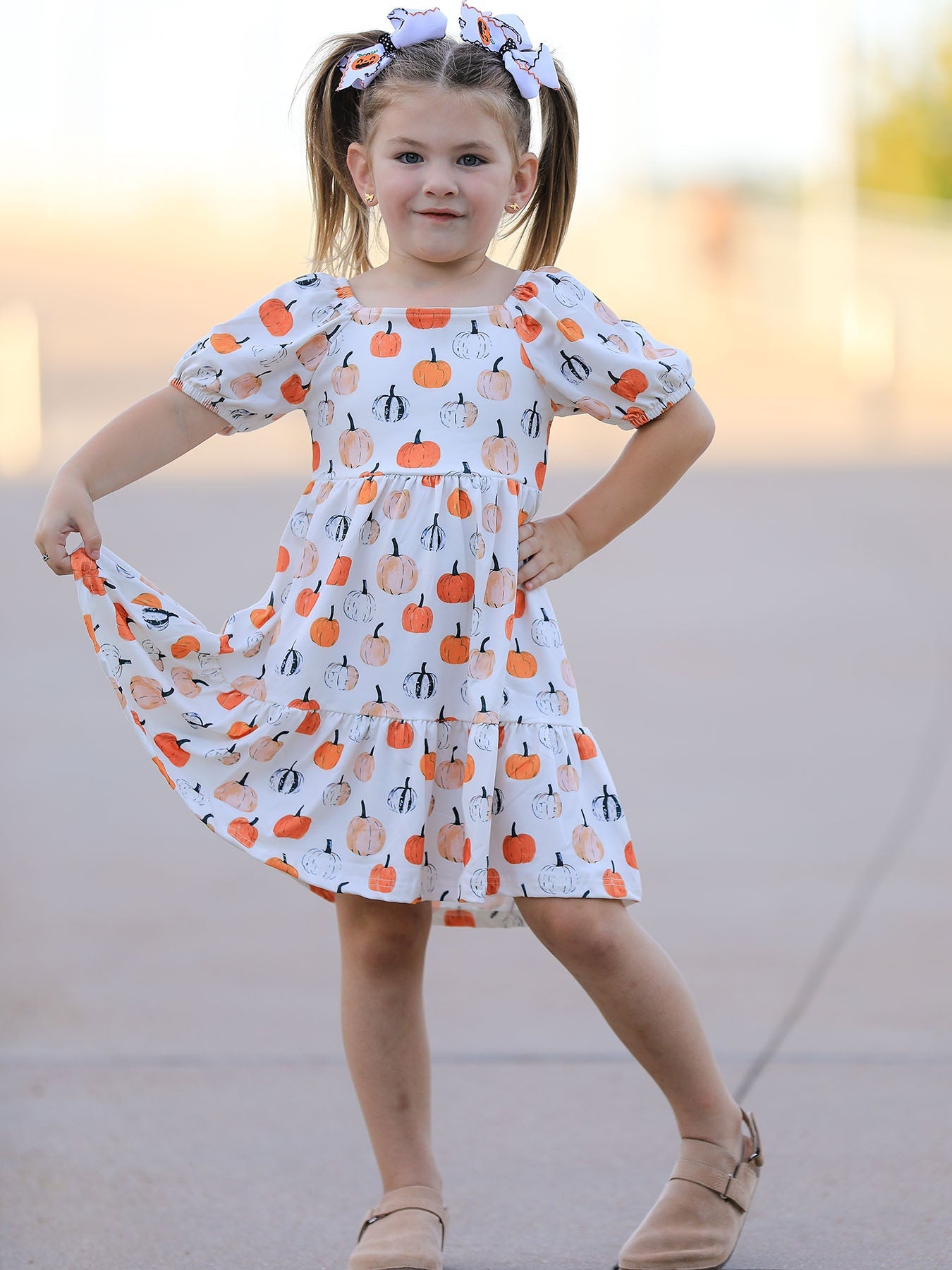Fall Pumpkin Puff Sleeve Girls Dress