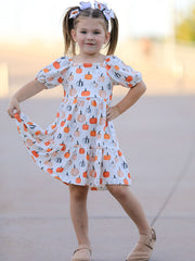 Fall Pumpkin Puff Sleeve Girls Dress