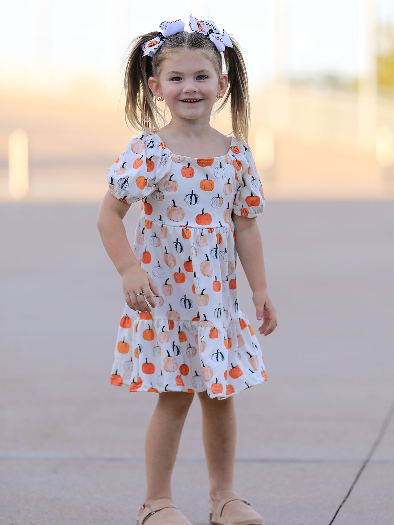 Fall Pumpkin Puff Sleeve Girls Dress