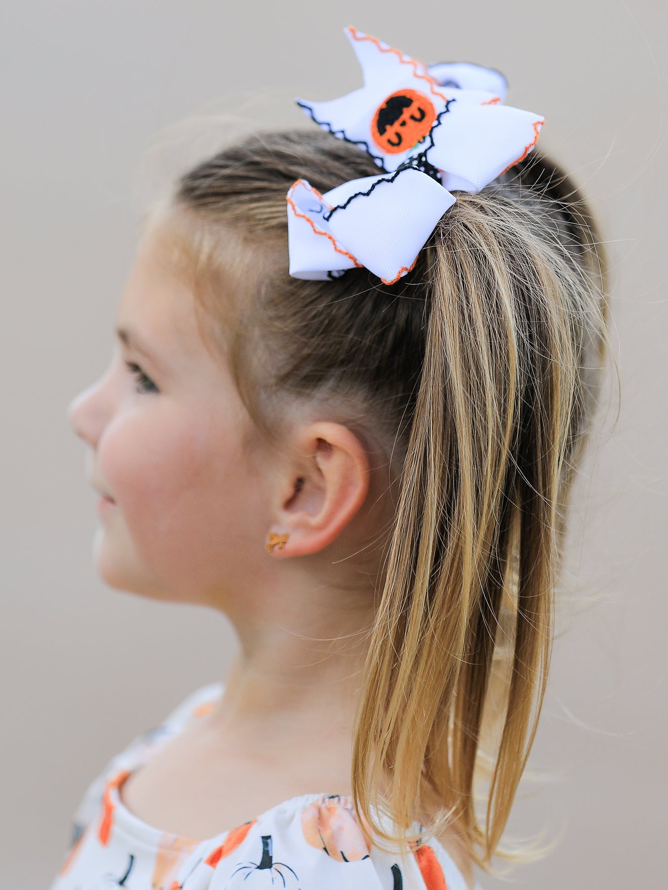 Halloween Pumpkin Hair Bows: White Ribbon Design（2pcs）