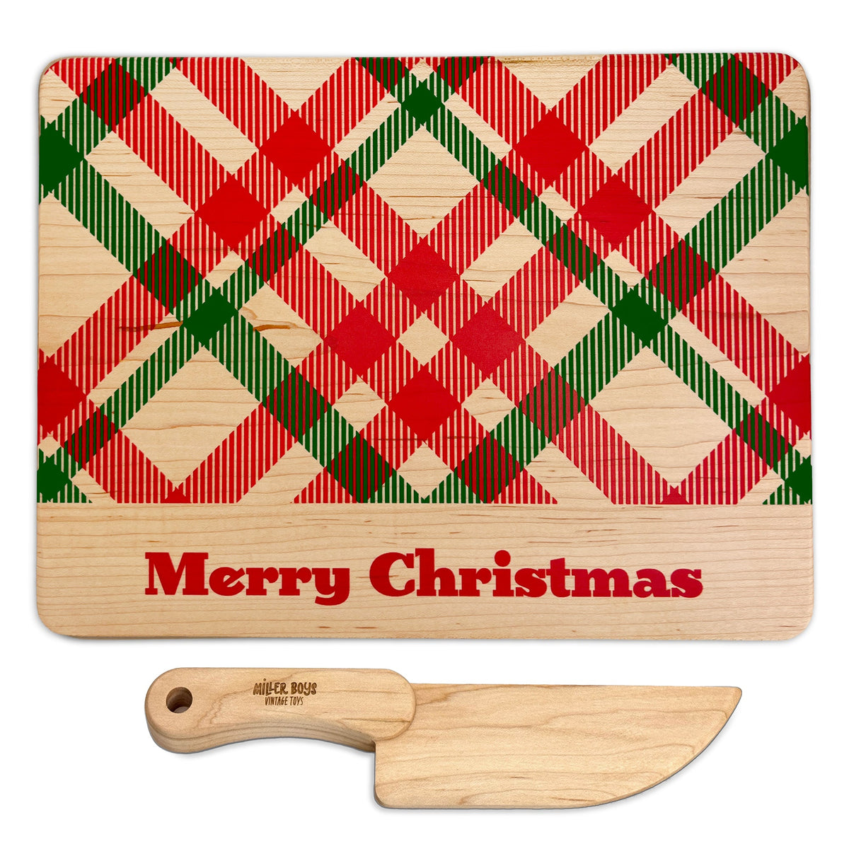 Kid's Chef-in-training Christmas Plaid Wooden Cutting Board With Handcrafted Wooden Knife | Made In The Usa 🇺🇸