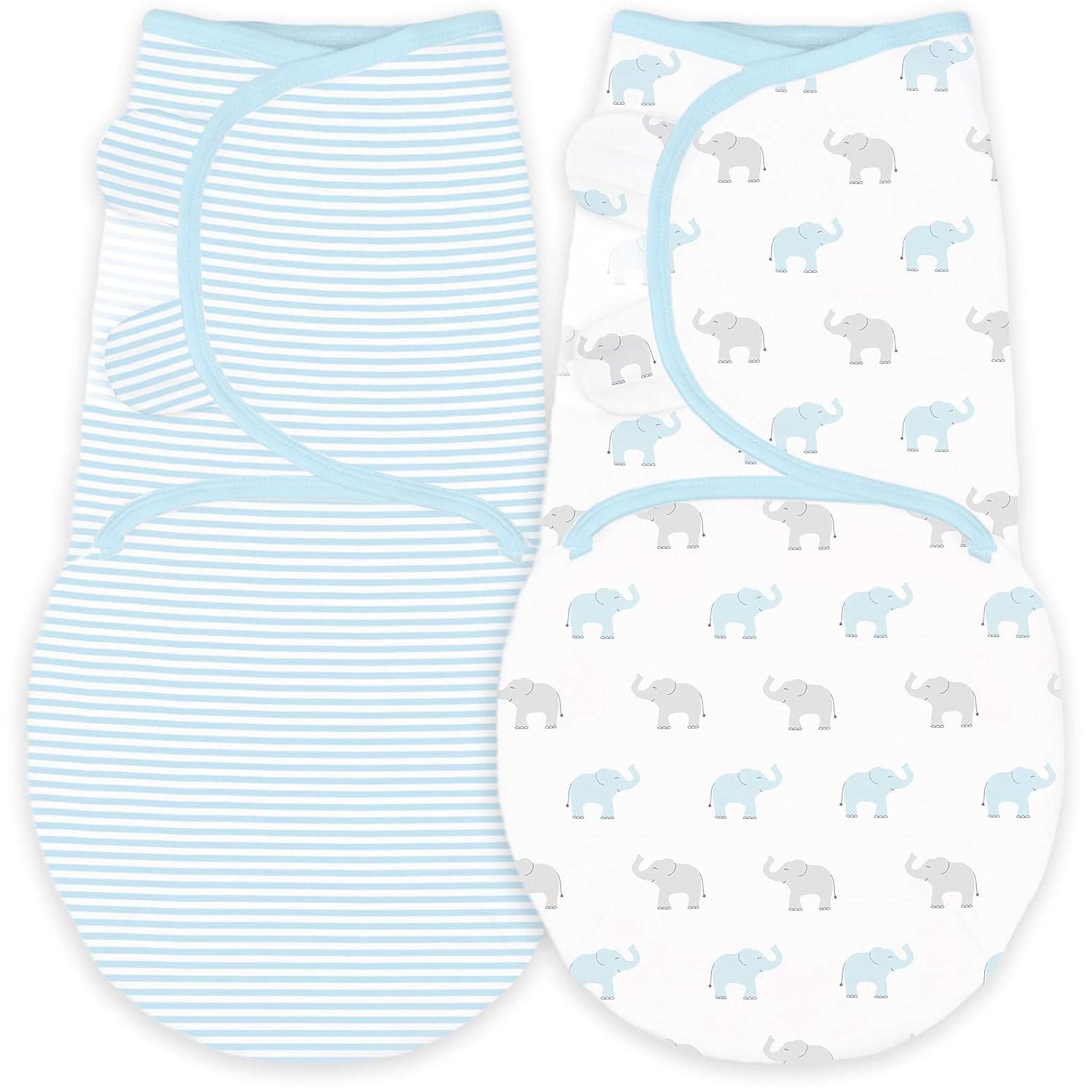 Amazing Baby - Premium Cotton Swaddle Wraps (set Of 2) - Tiny Elephants & Stripes, Pastel Blue