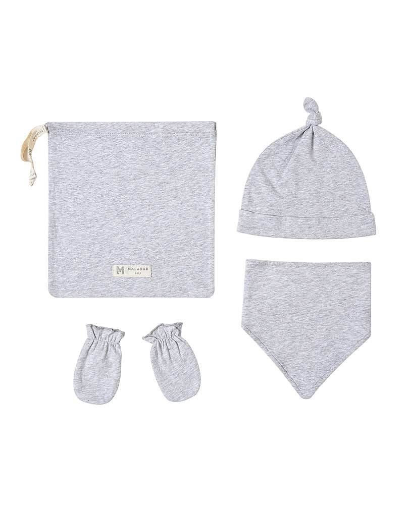 Organic Cotton Bandana Bib, Mitten, Hat Set - Grey Erawan