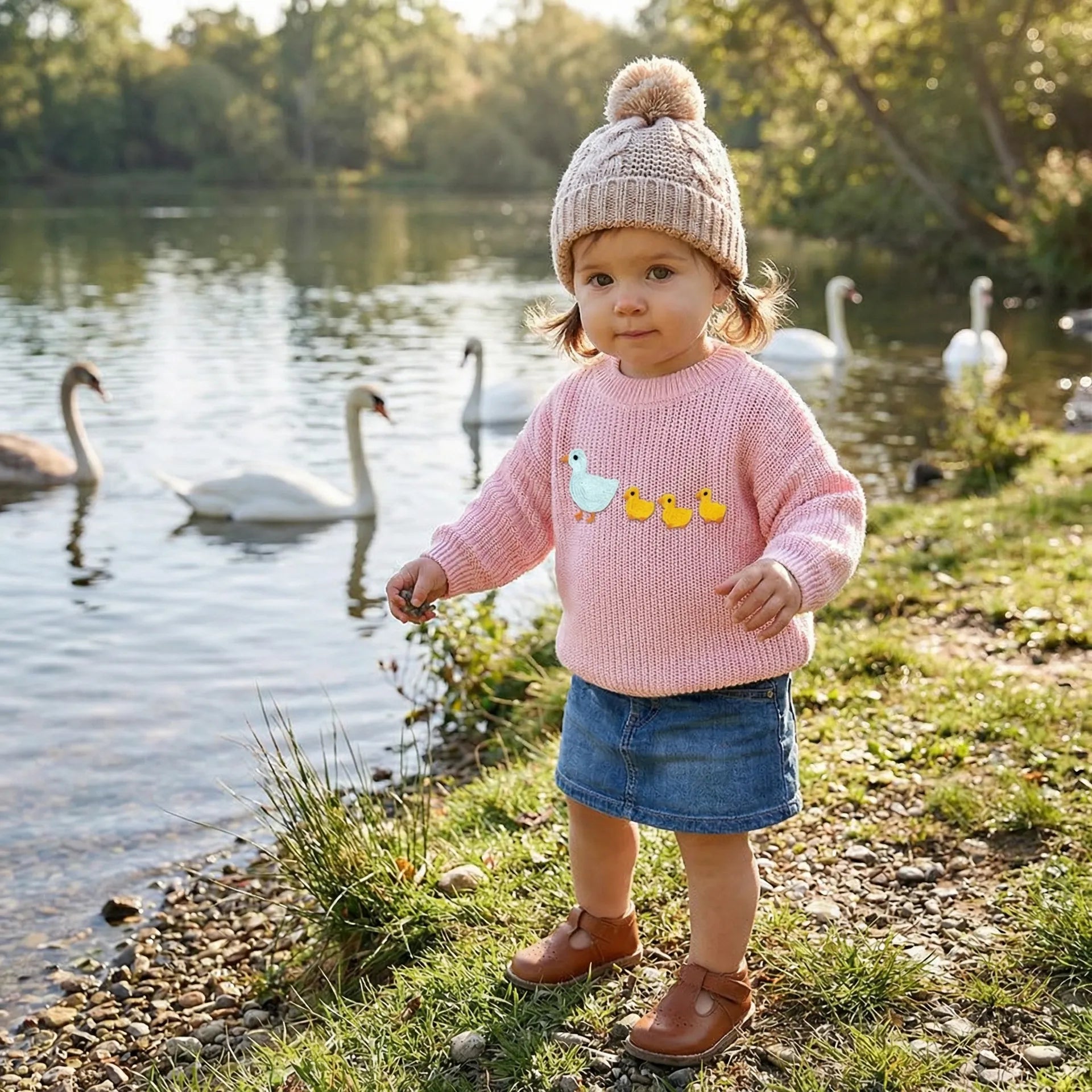 Hand Embroidered Marching Ducks Baby Knit Sweater