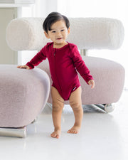 Long Sleeve Zipper Bodysuit In Maroon, 0-3m