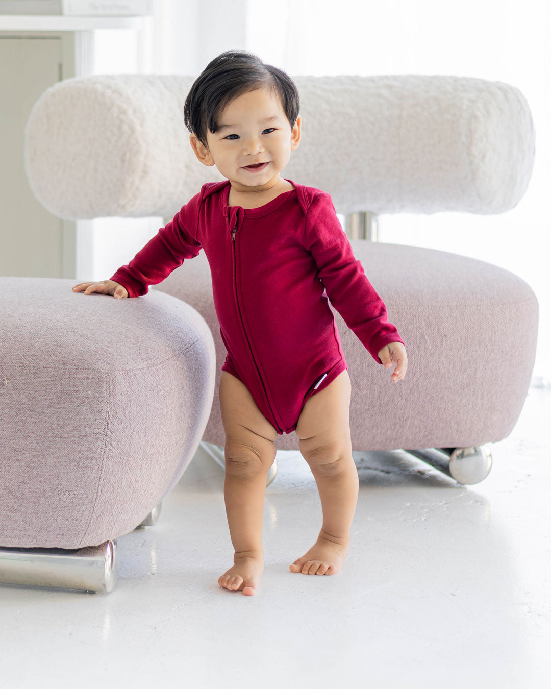 Long Sleeve Zipper Bodysuit In Maroon, 6-9m