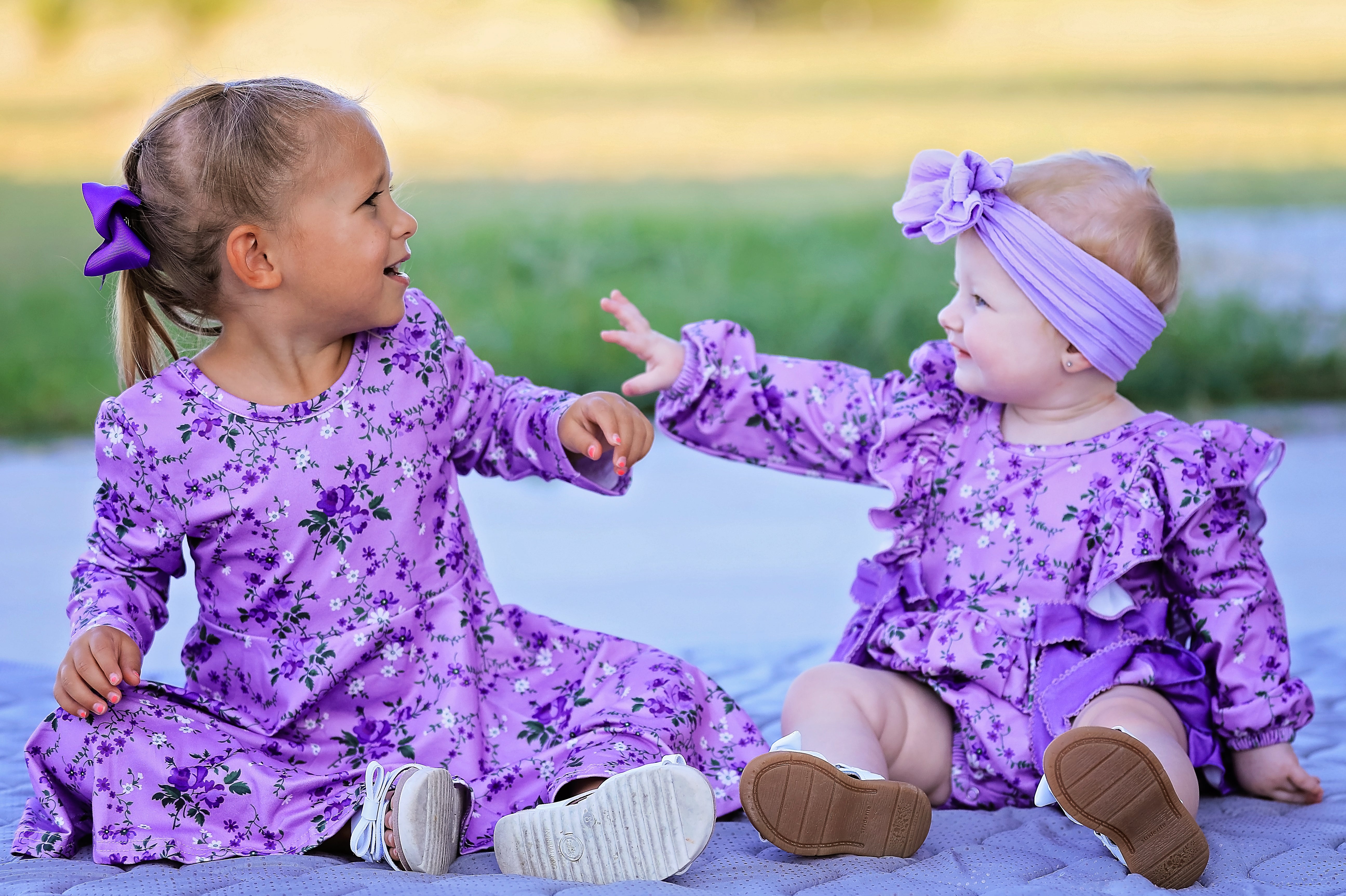 Fall Lavender Floral Print Girls Long Sleeve Twirl Dress