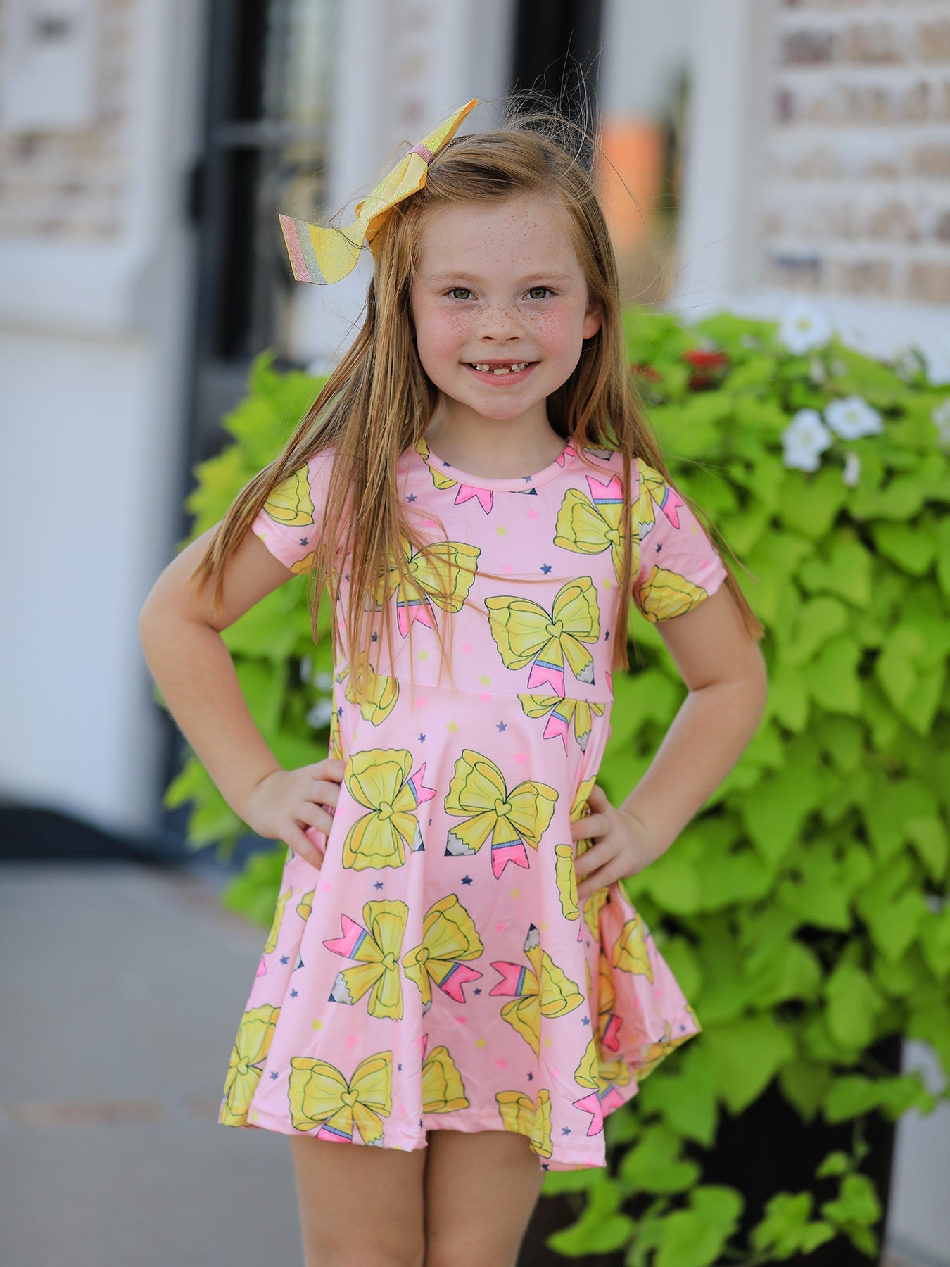 Back To School Yellow Bow Print Girls Dress