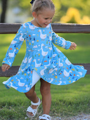 Fall Goose Print Girls Long Sleeve Twirl Dress